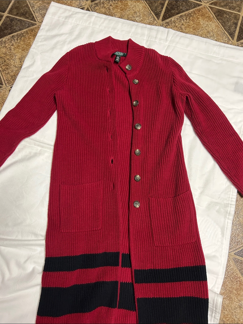 Ralph Lauren Red Long Ribbed Button-Front Cardigan with Black Stripes